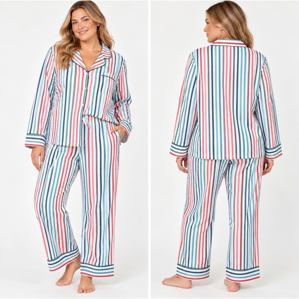 Nordstrom 2X Cotton Pajama Set Multicolor Stripe Button Front NWT Loungewear